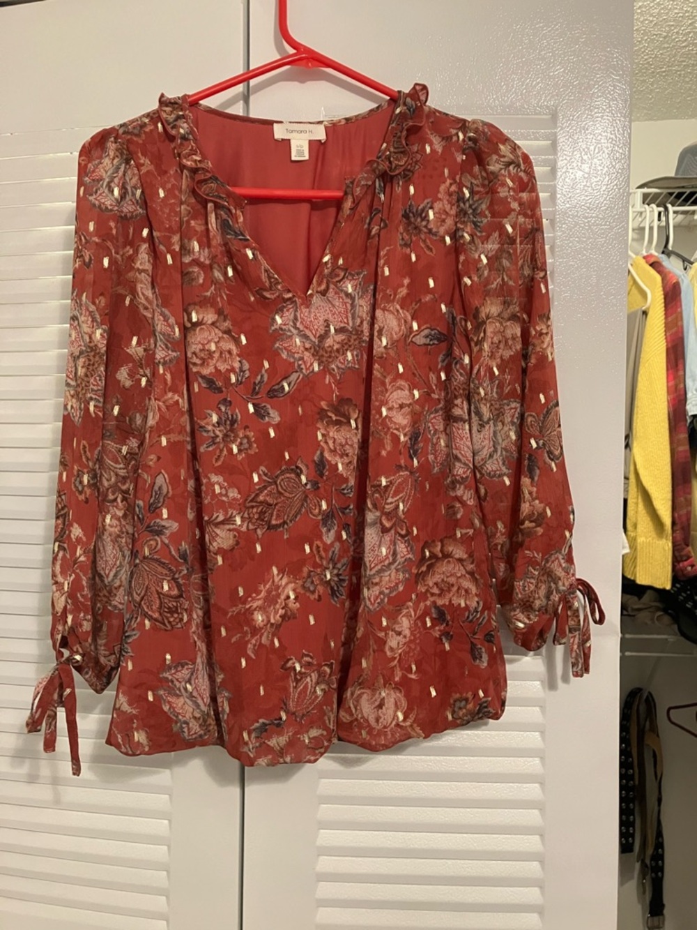Tamara H Rust Floral Ruffle V-Neck Blouse